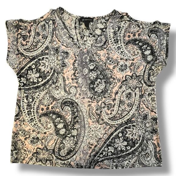 INC 2X Cold Shoulder Paisley Rhinestone Top Pink Gray Black Boho Glam V-Neck - Picture 6 of 8